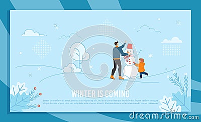 Winter Coming Text Banner with Father and Son Stock Photo