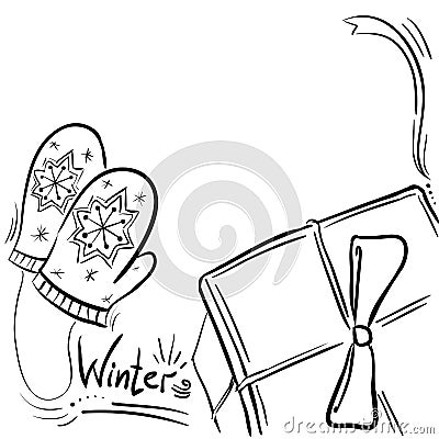 Winter composition - frame with present and mittens Vector Illustration