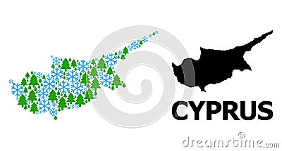 Winter Composition Map of Cyprus Island of Snow Flakes and Fir-Trees Vector Illustration