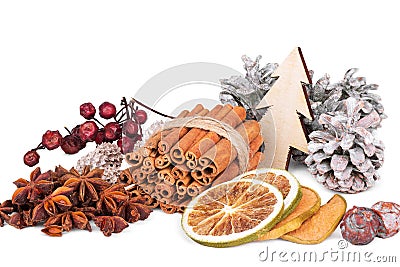 Winter composition with spices, slices of citrus fruits, p Stock Photo