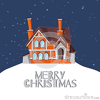 Winter country house on snowy landscape and merry christmas quote vector cartoon illustration. Forest cottage or Vector Illustration