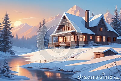 winter in the countryside cartoon illustration, winter environment illustration Cartoon Illustration