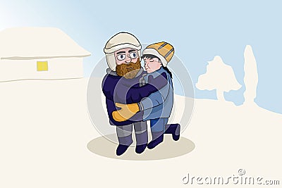 WINTER COUPLE CARTOON ILLUSTRATION IN THE MIDDLE OF THE SNOW Stock Photo