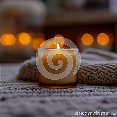 Winter coziness blurred aroma candle, perfect for reading at home Stock Photo