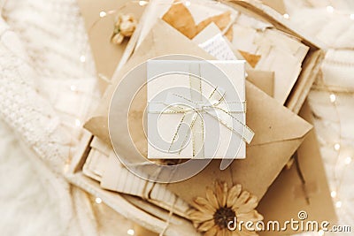 Winter cozy background with gift box Stock Photo