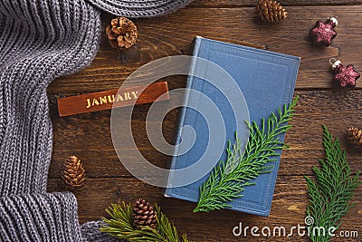 Winter, cozy composition. Warm plaid, book and christmas decoration, on wooden background Stock Photo
