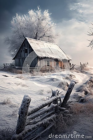 Winter cozy wooden cottage Stock Photo