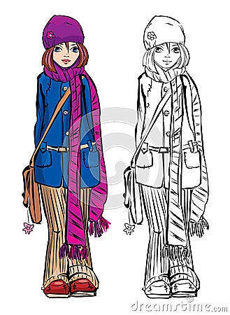 Winter cute girl dressing stripped scarf Vector Illustration