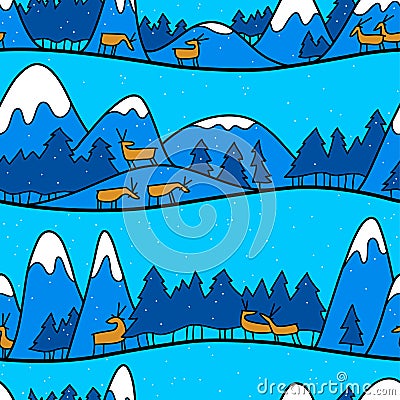 Winter cute landscape. Christmas seamless pattern with deers, mo Vector Illustration