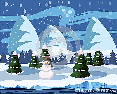 Winter cute landscape, snowman, christmas trees in the snow, river, mountains, vector, illustration, isolated, cartoon Vector Illustration