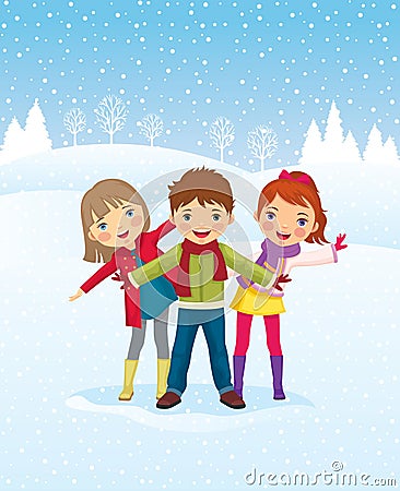 Winter day. Children playing outdoors Vector Illustration