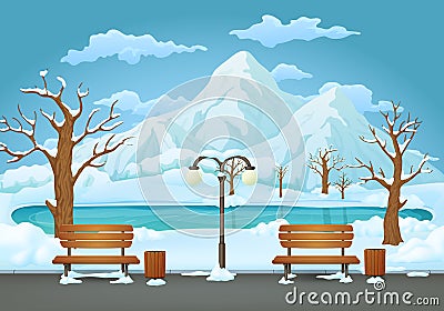 Winter day in the park, two benches, cans and street lamp. Frozen lake and mountains in the background. Vector Illustration