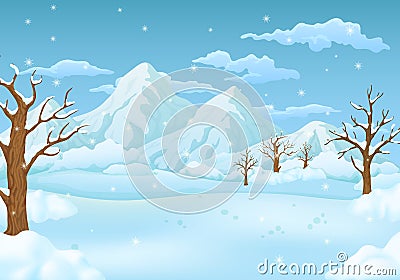 Winter day snowy meadows with leafless trees and falling snowflakes. Mountains and cloudy sky in the background. Vector Illustration