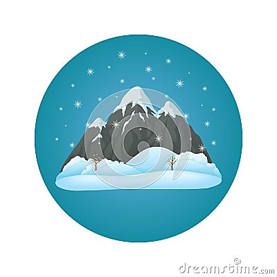 Broad snowy mountain with three peaks with snowy hills, leafless trees and falling snow on a blue circle. Vector Illustration