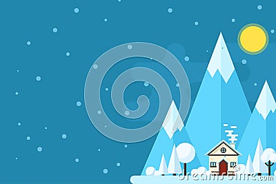 Winter daytime landscape. Houses on a background of mountains. Vector flat illustration Vector Illustration