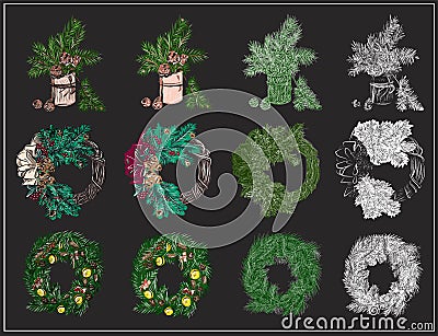 Winter decor for the holiday. New Year`s and Christmas. Wreaths, fir branches and cones, toys, vanilla sticks. Vector isolated Vector Illustration