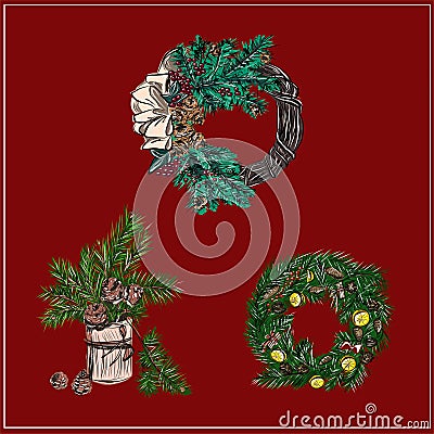 Winter decor for the holiday. New Year`s and Christmas. Wreaths, fir branches and cones, toys, vanilla sticks. Vector isolated Vector Illustration