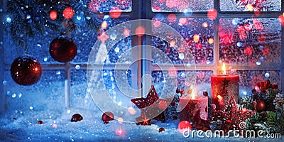 Winter Decoration With Candles Near The Snow-Covered Window Stock Photo