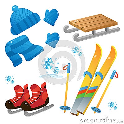 Winter decorative set for kids. Ski and skates. Wood sledge. Cap. Mittens. Scarf. Winter clothes. Winter leisure activities Vector Illustration