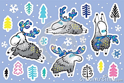 Winter deer with decorative horns sticker set. Vector illustration Vector Illustration