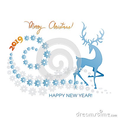 Winter deer. Merry Christmas! Happy New Year 2019! Vector Illustration