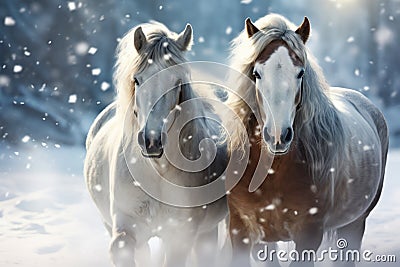 Winter elegance horses on a snowy backdrop with space Stock Photo