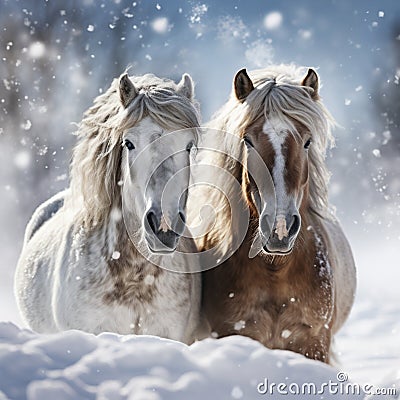 Winter elegance horses on a snowy backdrop with space Stock Photo