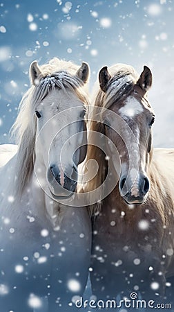 Winter elegance horses on a snowy backdrop with space Stock Photo