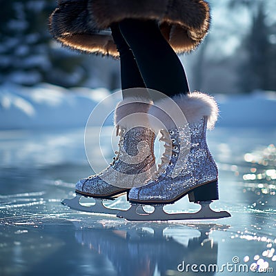 Winter elegance Legs gracefully glide over the glistening ice skating rink Stock Photo