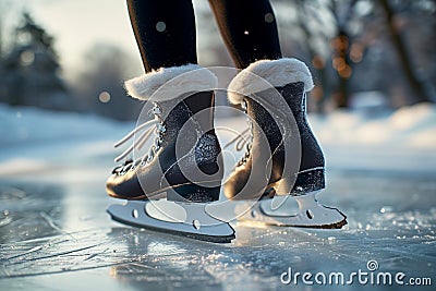 Winter elegance Legs gracefully glide over the glistening ice skating rink Stock Photo