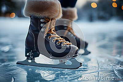 Winter elegance Legs gracefully glide over the glistening ice skating rink Stock Photo