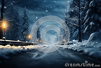 Winter enchantment Snowy road, tree, Xmas, New Year graphic art Stock Photo