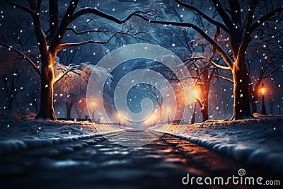 Winter enchantment Snowy road, tree, Xmas, New Year graphic art Stock Photo
