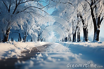 Winter enchantment Snowy road, tree, Xmas, New Year graphic art Stock Photo