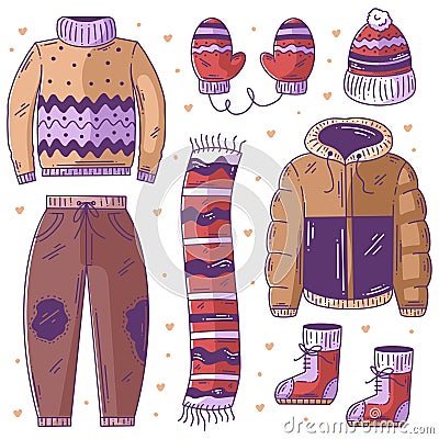 Winter essentials hand drawn doodle full color Vector Illustration