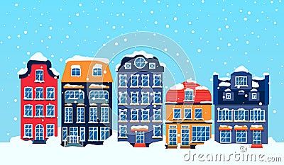 Winter european snowy street houses flat vector Vector Illustration