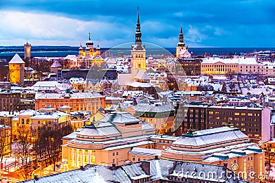 Winter evening aerial scenery of Tallinn, Estonia Stock Photo