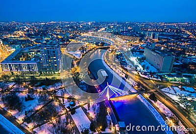 Winter evening aerial view to downtown in Kharkiv Stock Photo