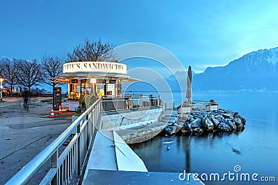 Waterfront promenade by the lake in Vevey, Switzerland Editorial Stock Photo