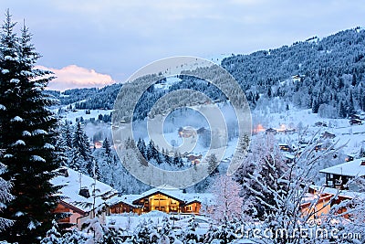 Winter evening in french alp valley Stock Photo