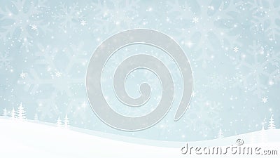 Winter evening landscape background with snowy mountains and snowfall. Snowflake silhouettes, sparkles, stars and falling snow. Stock Photo