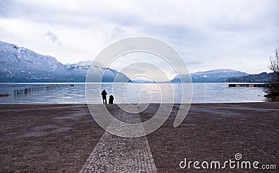 Winter Evening View of Lake Bourget Stock Photo