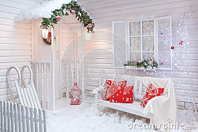 Winter exterior of a country house with Christmas decorations. Stock Photo