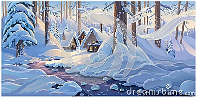 Winter fairy tale landscape, with fabulous houses in a winter snowy forest Vector Illustration