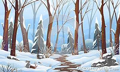 Winter fairy tale landscape, with tall trees and path in snowy forest, fir-trees in snowdrifts Vector Illustration