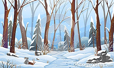 Winter fairy tale landscape, with tall trees and path in snowy forest, fir-trees in snowdrifts Vector Illustration