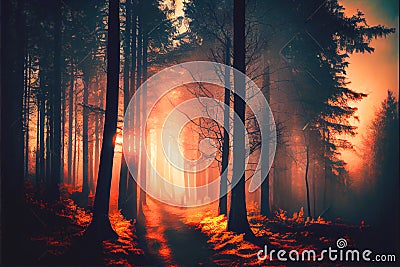 Winter Fall Autumn forest woods with path sunset Stock Photo
