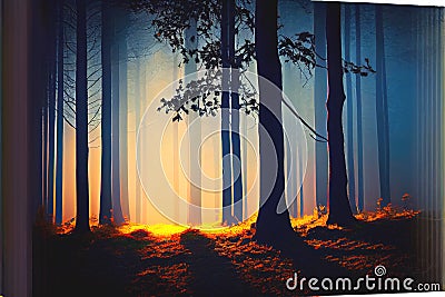 Winter Fall Autumn forest woods with path sunset Stock Photo