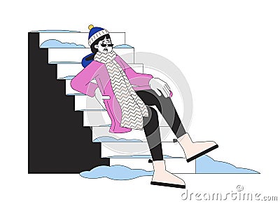 Winter fall hazard on stairs line cartoon flat illustration Vector Illustration