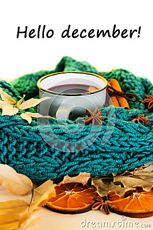 Winter, fall leaves, hot steaming cup of glint wine and a scarf Stock Photo